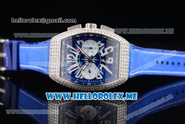 Franck Muller Vanguard Miyota OS20 Quartz Steel Case with Blue Dial Blue Leather Strap Arabic Numeral Markers and Diamonds Bezel - Click Image to Close